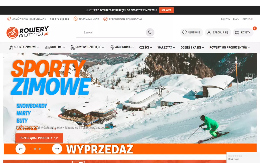 Zrzut ekranu strony internetowej firmy RoweryNajtaniej - internetowy sklep rowerowy
