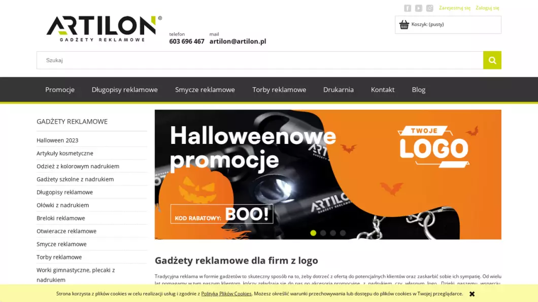 Zrzut ekranu strony internetowej firmy Gadżety reklamowe | Sklep internetowy ARTILON