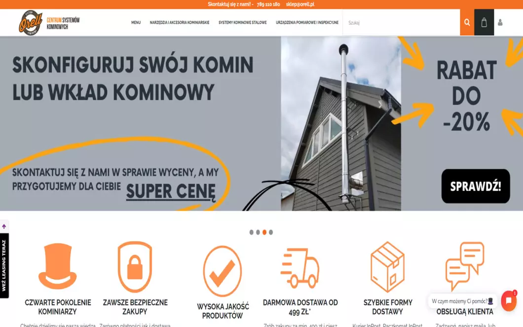 Zrzut ekranu strony internetowej firmy ORELL - Sklep kominiarski