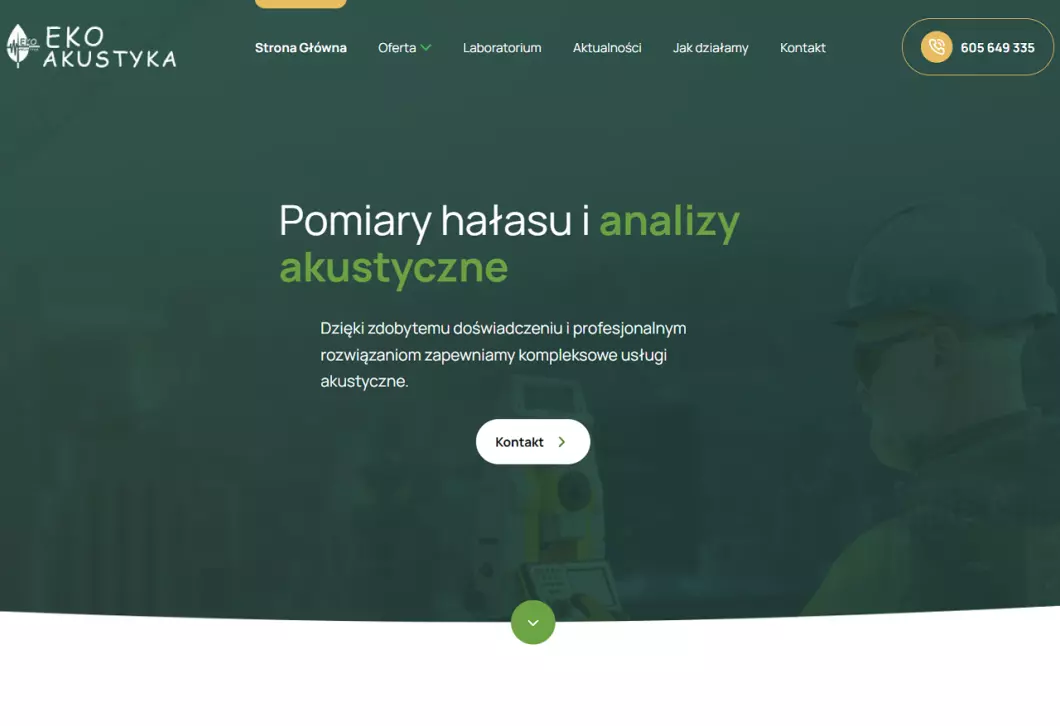 Zrzut ekranu strony internetowej firmy Pomiary hałasu i analizy akustyczne | Eko-Akustyka