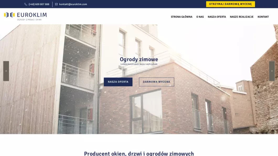Zrzut ekranu strony internetowej firmy Ogrody zimowe producent - Euroklim