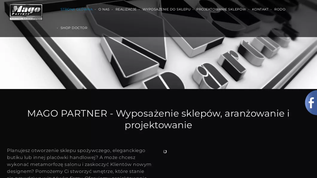 Zrzut ekranu strony internetowej firmy Mago Partner. Projektowanie, aranżacja, wyposażenie sklepów i magazynów