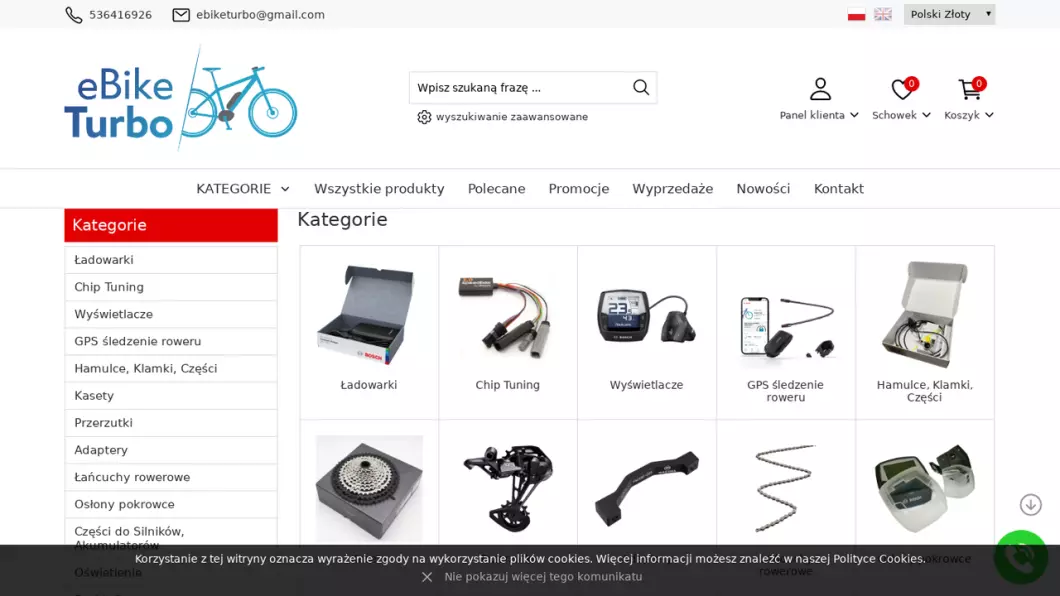 Zrzut ekranu strony internetowej firmy Sklep z częściami i akcesoriami rowerowymi Ebiketurbo