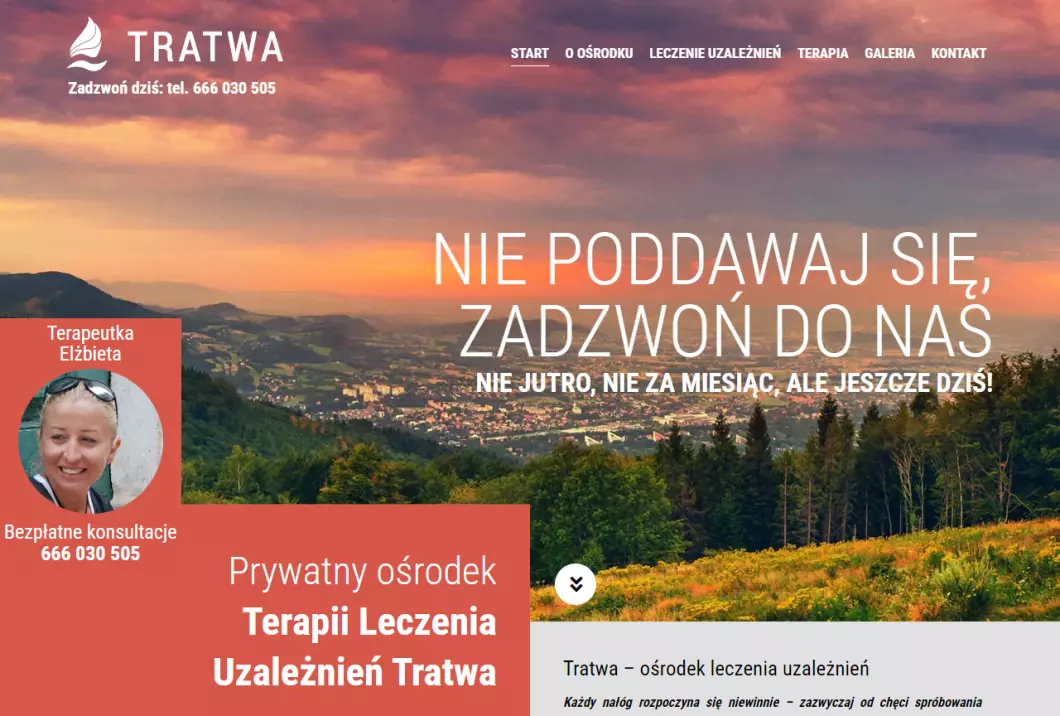 Zrzut ekranu strony internetowej firmy Prywatny Ośrodek Terapii Leczenia Uzależnień Tratwa