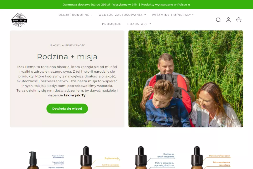 Zrzut ekranu strony internetowej firmy Max Hemp - olejki konopne CBD