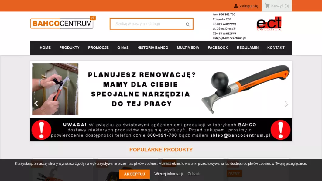 Zrzut ekranu strony internetowej firmy Bahco Centrum - narzędzia i akcesoria Bahco