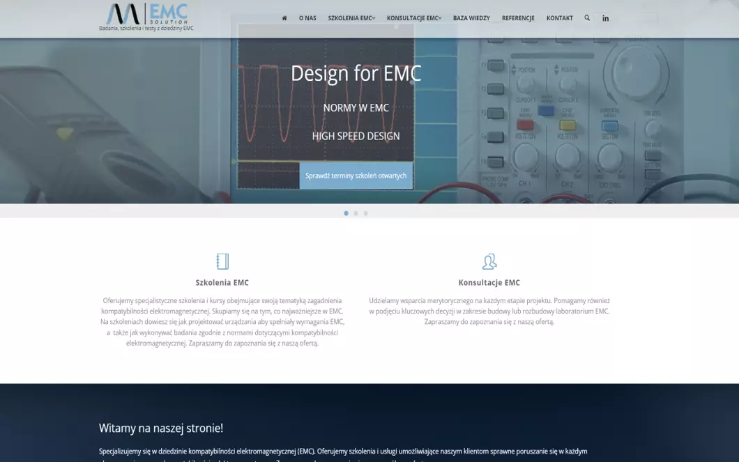 Zrzut ekranu strony internetowej firmy EMCSolution Szkolenia i konsultacje EMC