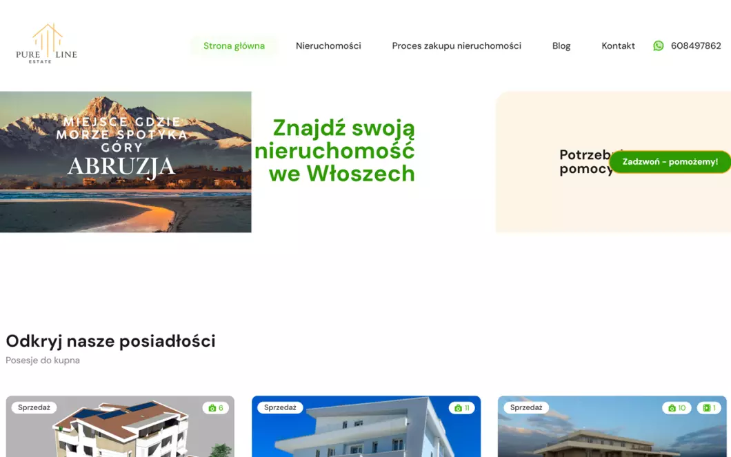 Zrzut ekranu strony internetowej firmy Nieruchomości na sprzedaż Włochy | Pureline Estate