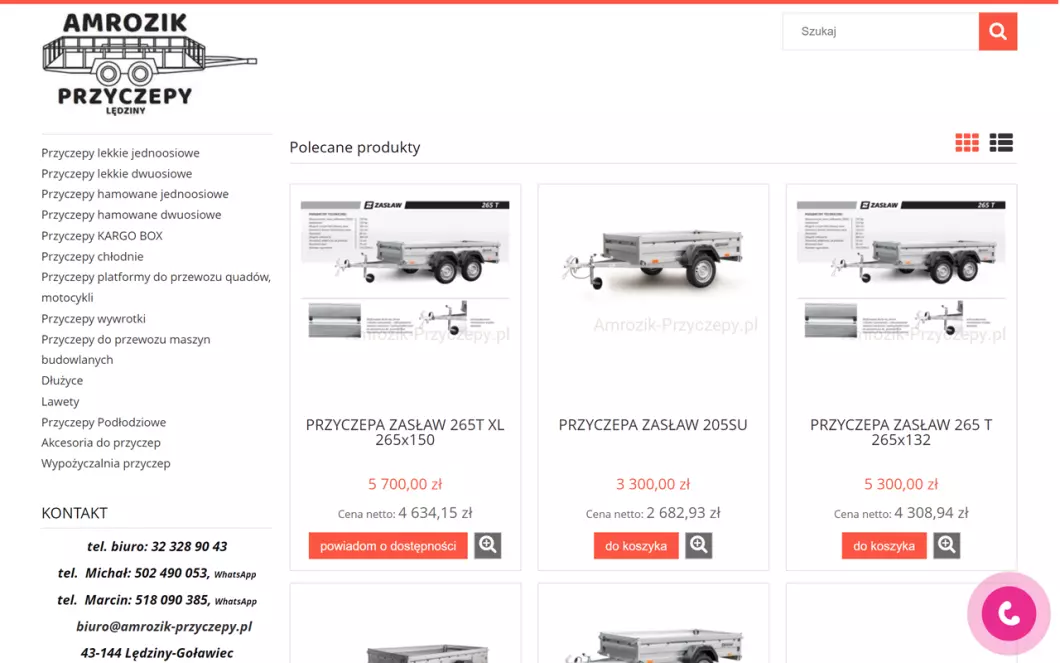 Zrzut ekranu strony internetowej firmy Amrozik-Przyczepy | Przyczepy samochodowe