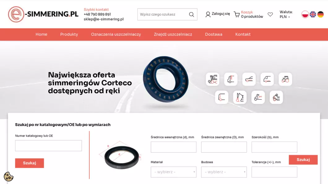 Zrzut ekranu strony internetowej firmy Uszczelniacze, simeringi | Sklep internetowy e-simmering.pl