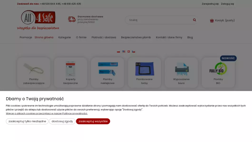 Zrzut ekranu strony internetowej firmy Plomby i koperty zabezpieczające | Sklep internetowy All4Safe
