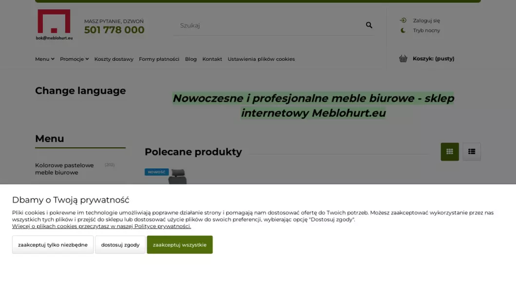 Zrzut ekranu strony internetowej firmy Meble biurowe Meblohurt.eu