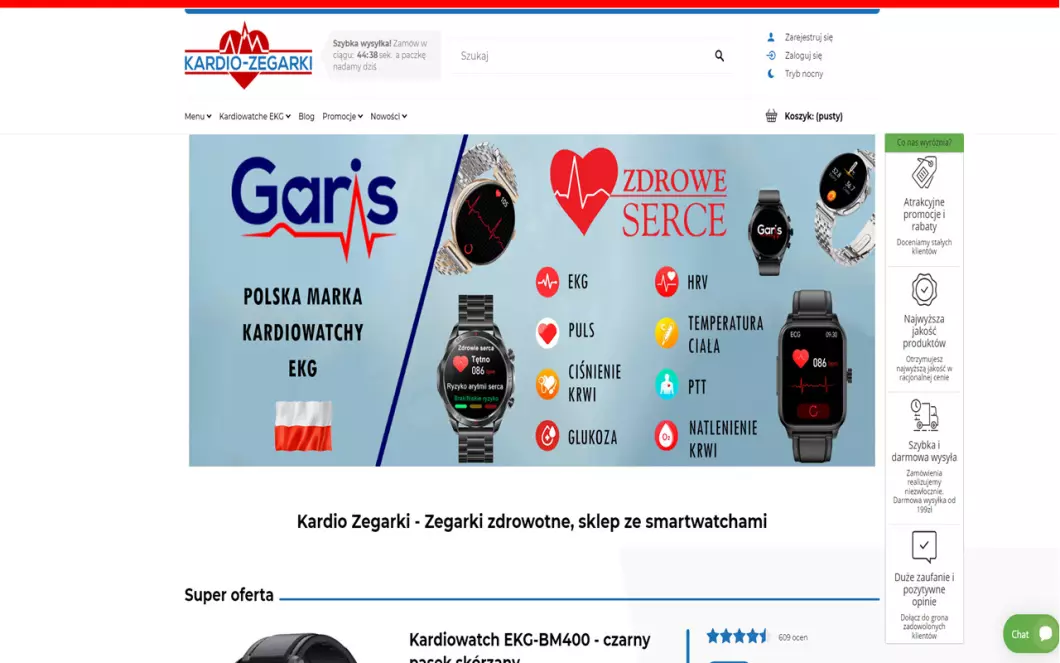 Zrzut ekranu strony internetowej firmy Zegarki zdrowotne - Kardio-Zegarki