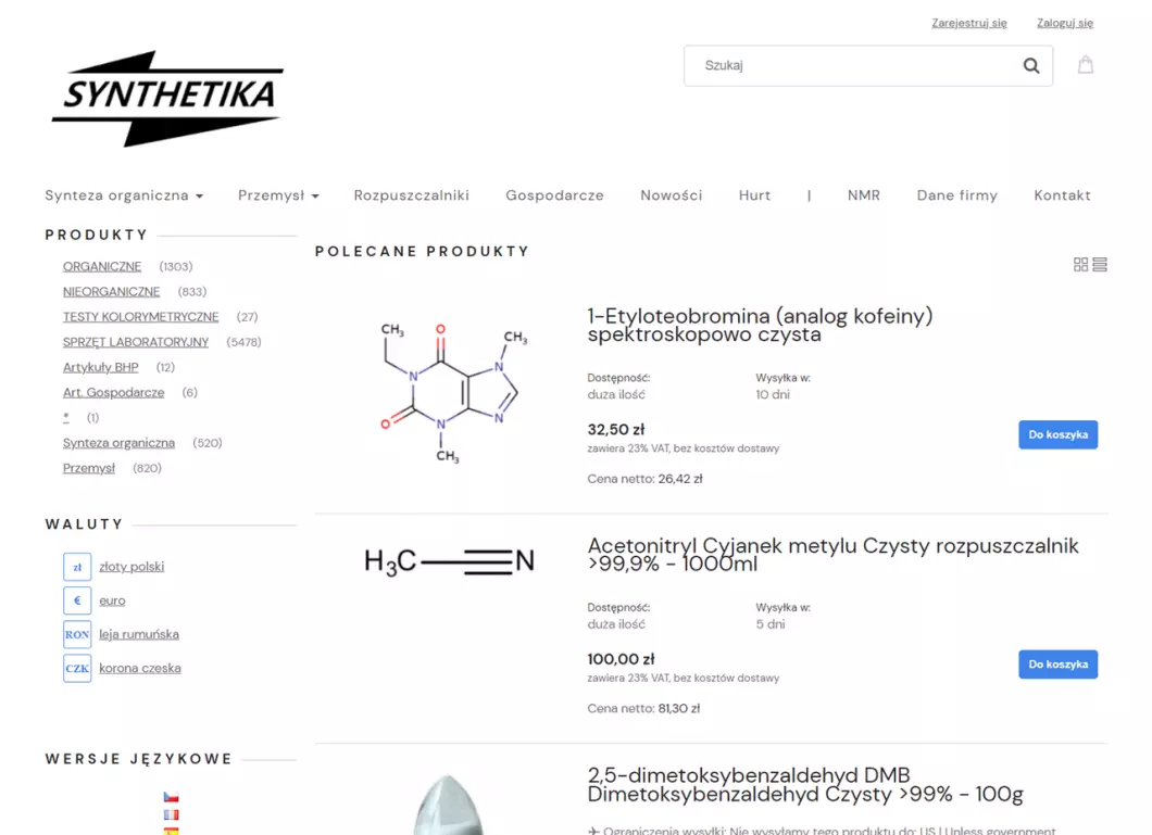Zrzut ekranu strony internetowej firmy SYNTHETIKA
