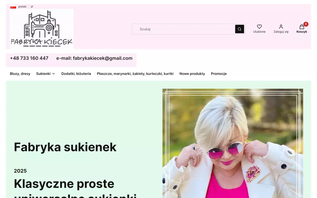 Zrzut ekranu strony internetowej firmy Fabryka Kiecek