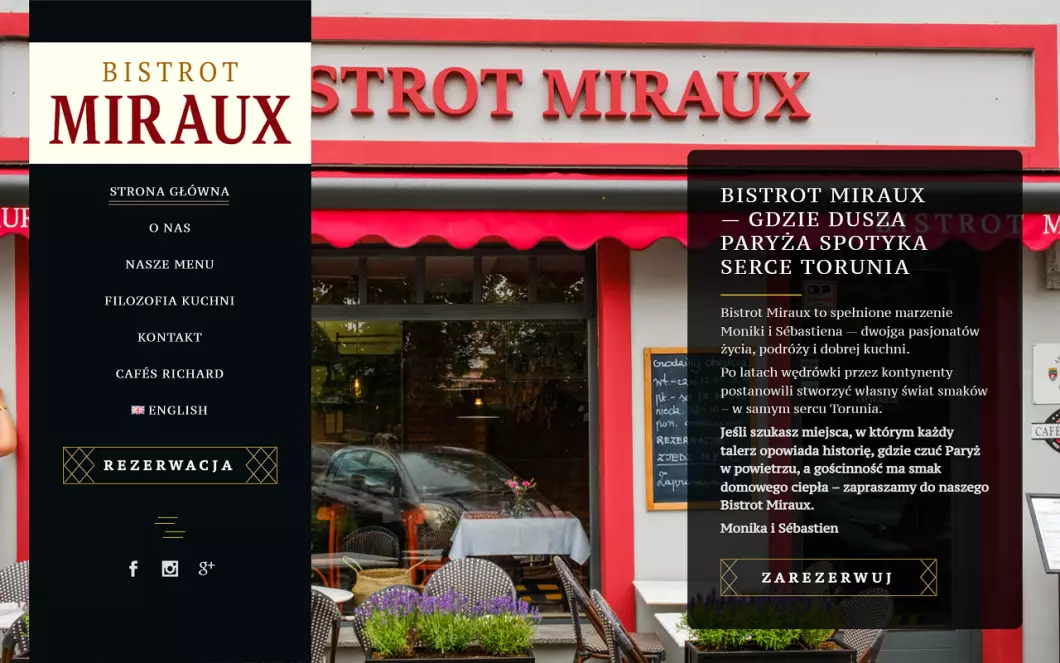 Zrzut ekranu strony internetowej firmy Restauracja Francuska Toruń Bistrot Miraux