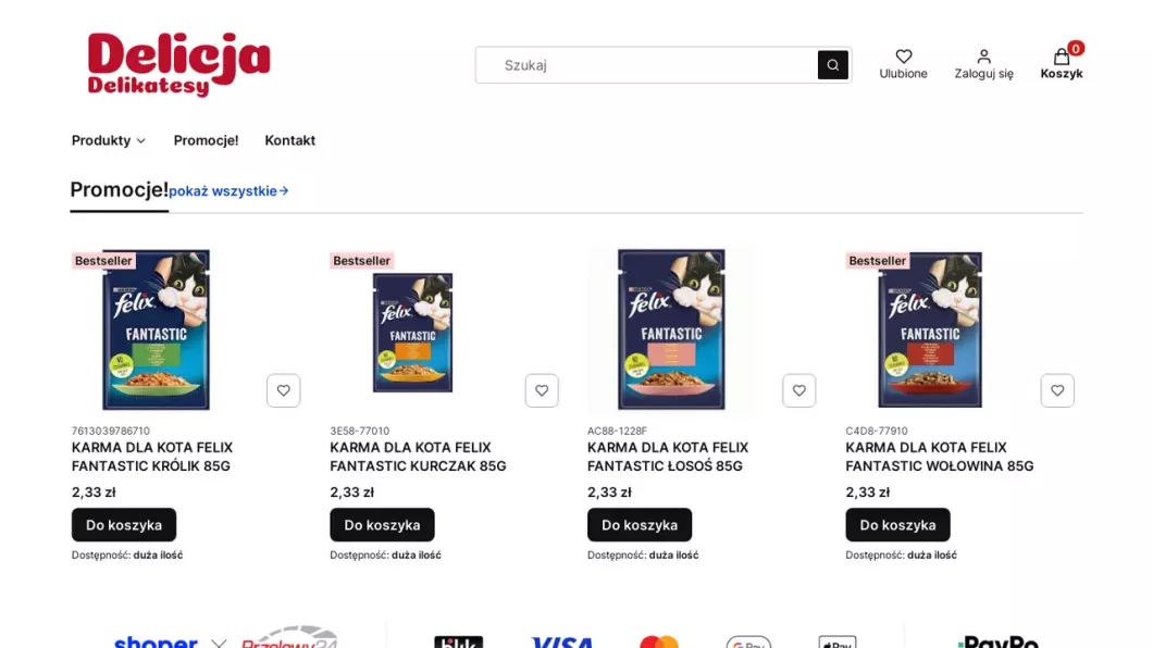 Zrzut ekranu strony internetowej firmy Delikatesy Delicja