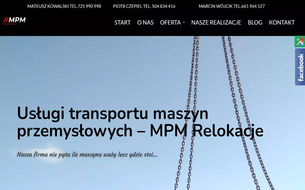 Zrzut ekranu strony internetowej firmy Usługi transportu maszyn przemysłowych MPM Relokacje
