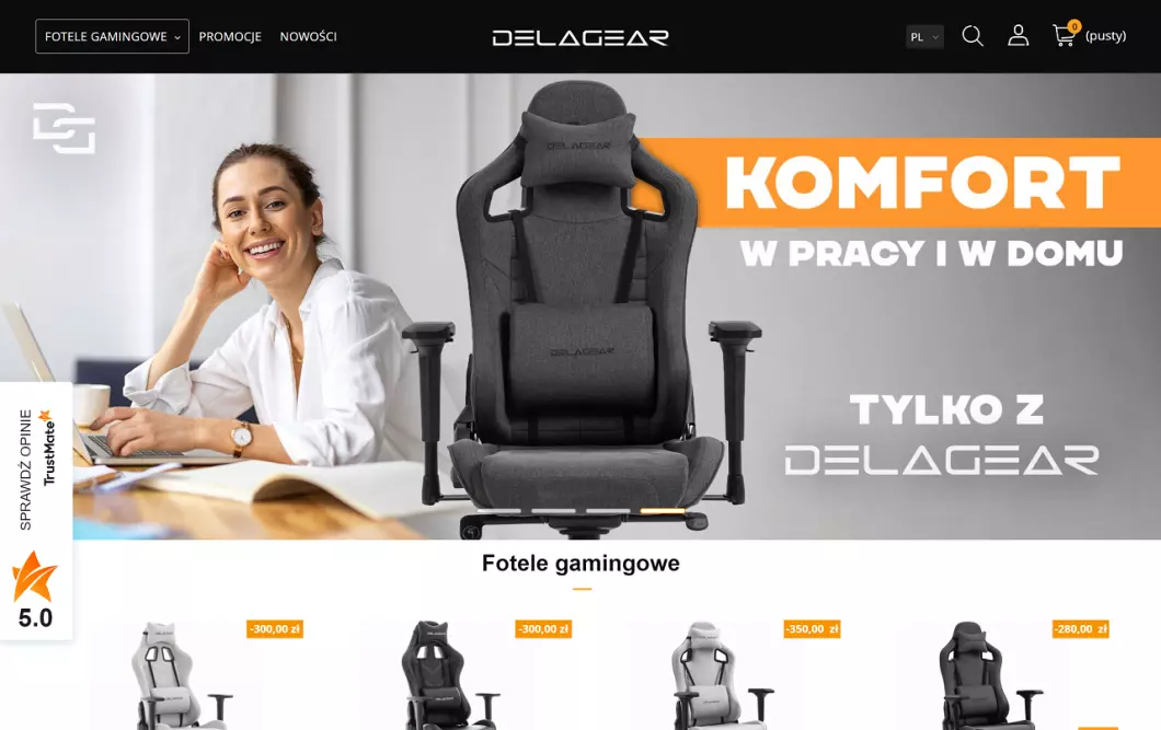 Zrzut ekranu strony internetowej firmy Sklep z fotelami gamingowymi Delagear