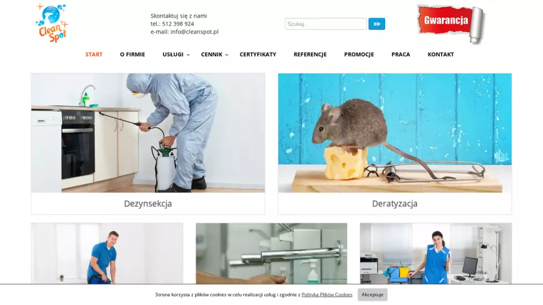 Zrzut ekranu strony internetowej firmy CleanSpot | Usługi deratyzacji, dezynsekcji, dezodoryzacji, sprzątania i prania wykładzin