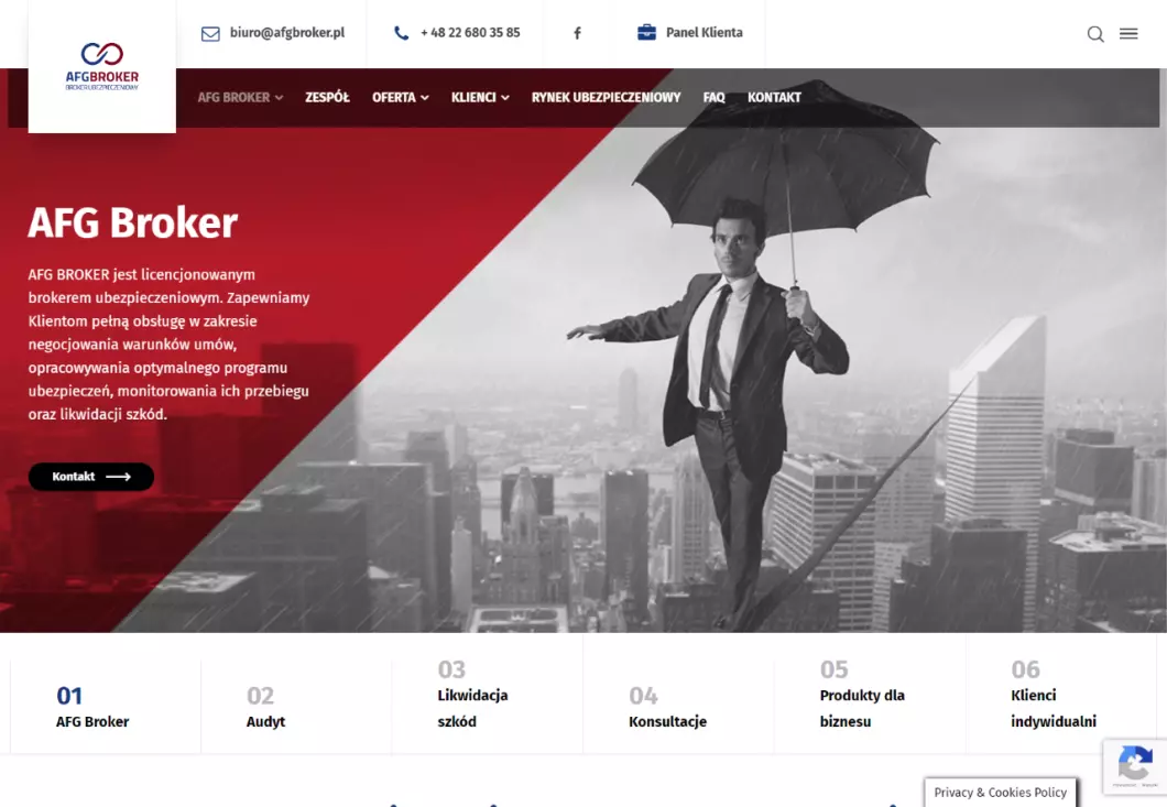 Zrzut ekranu strony internetowej firmy Broker ubezpieczeniowy Warszawa - dystrybutor ubezpieczeń | AFG Broker