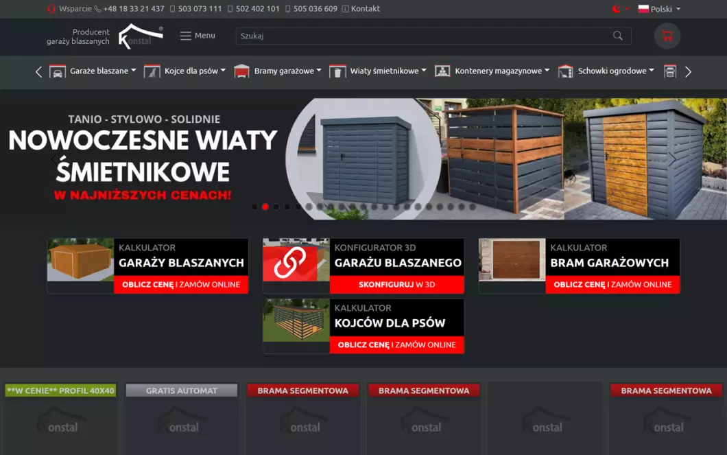 Zrzut ekranu strony internetowej firmy Konstal - producent  garaży blaszanych i bram garażowych