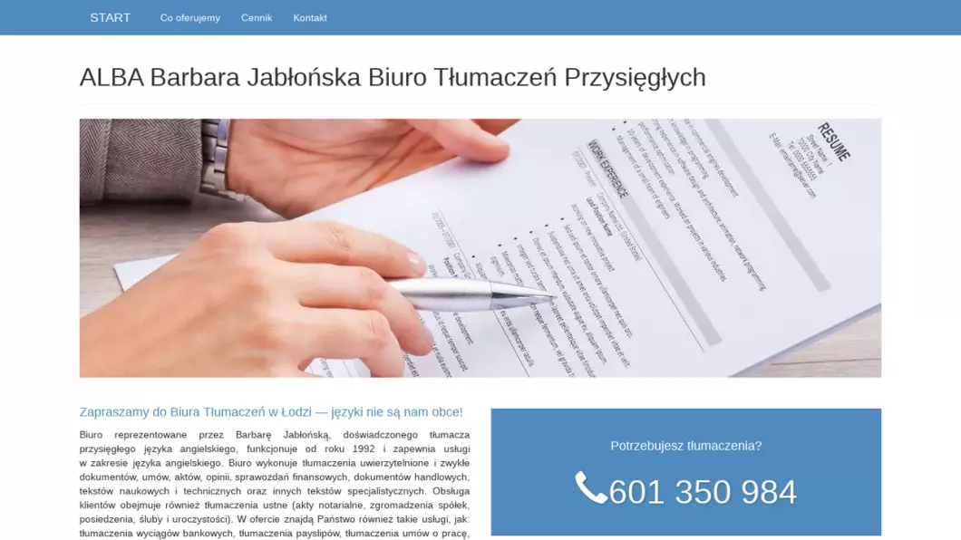 Zrzut ekranu strony internetowej firmy Biuro Tłumaczeń Przysięgłych ALBA