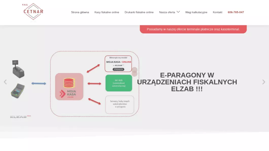 Zrzut ekranu strony internetowej firmy CETNAR - kasy fiskalne online