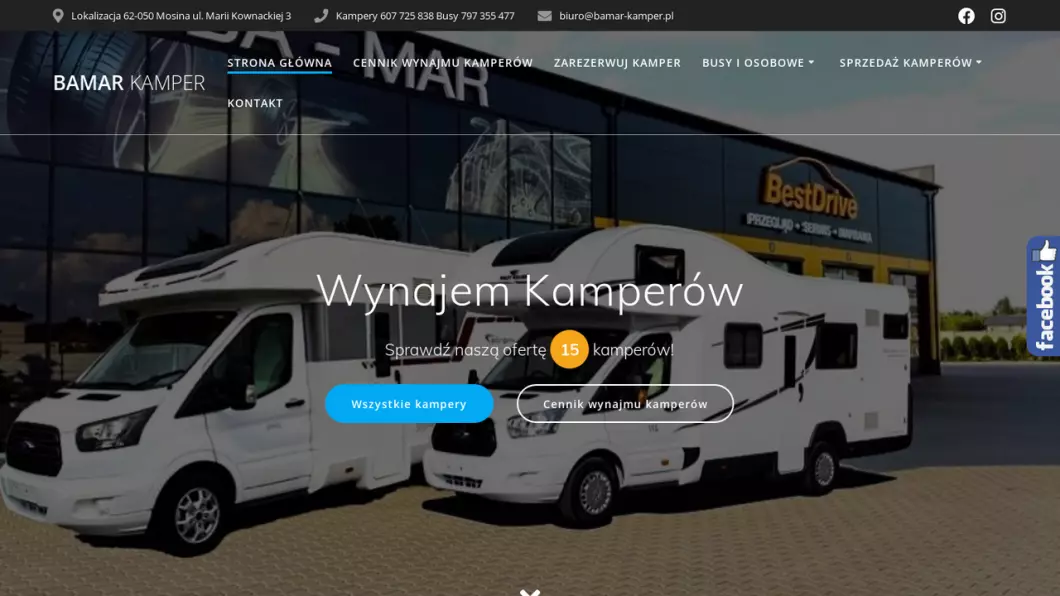 Zrzut ekranu strony internetowej firmy BA-MAR KAMPER - wypożyczalnia kamperów