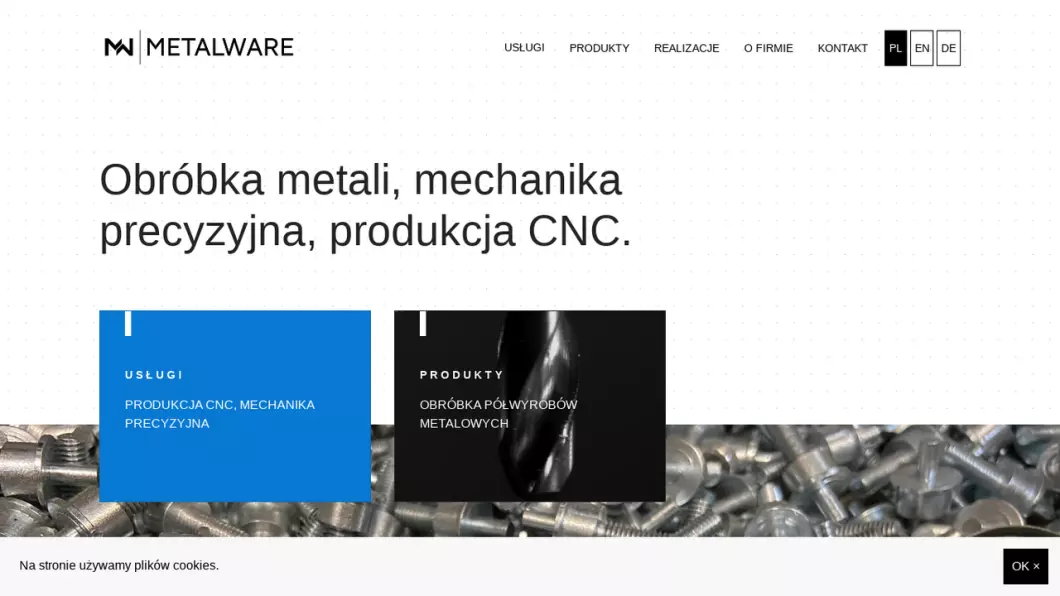 Zrzut ekranu strony internetowej firmy Metalware - Zakład obróbki metali