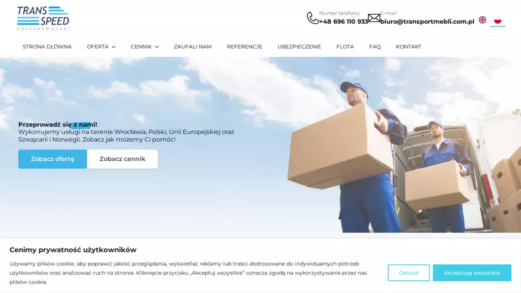 Zrzut ekranu strony internetowej firmy Firma przeprowadzkowa Wrocław - usługi transportowe TransSpeed