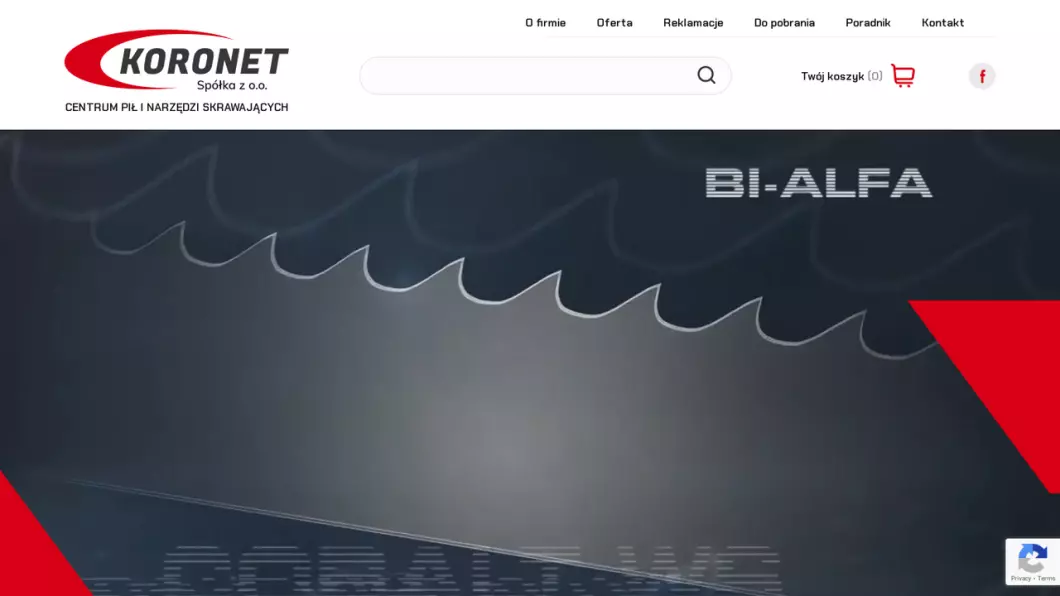 Zrzut ekranu strony internetowej firmy Koronet - Centrum pił i i narzędzi skrawających