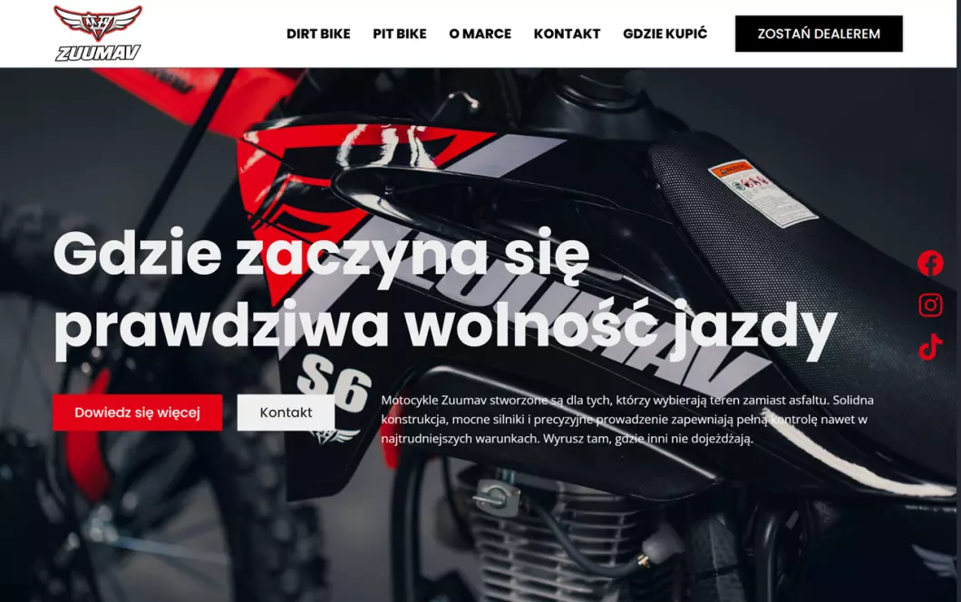 Zrzut ekranu strony internetowej firmy Zuumav - motocykle terenowe