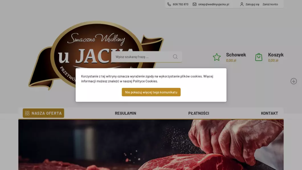 Zrzut ekranu strony internetowej firmy Swojskie wędliny | Internetowy sklep mięsny Wędliny U Jacka