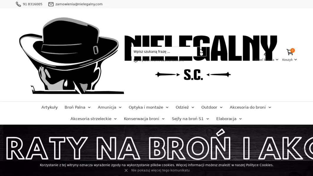 Zrzut ekranu strony internetowej firmy Internetowy sklep z bronią palną, myśliwską Szczecin | NIELEGALNY