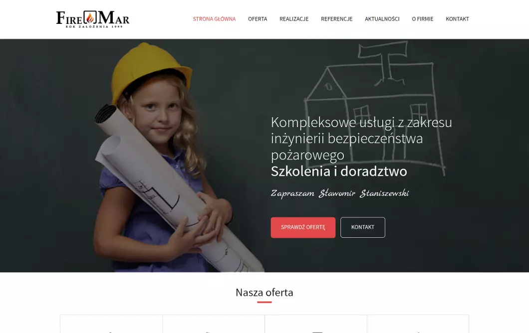 Zrzut ekranu strony internetowej firmy Operaty i zabezpieczenia ppoż - FireMar