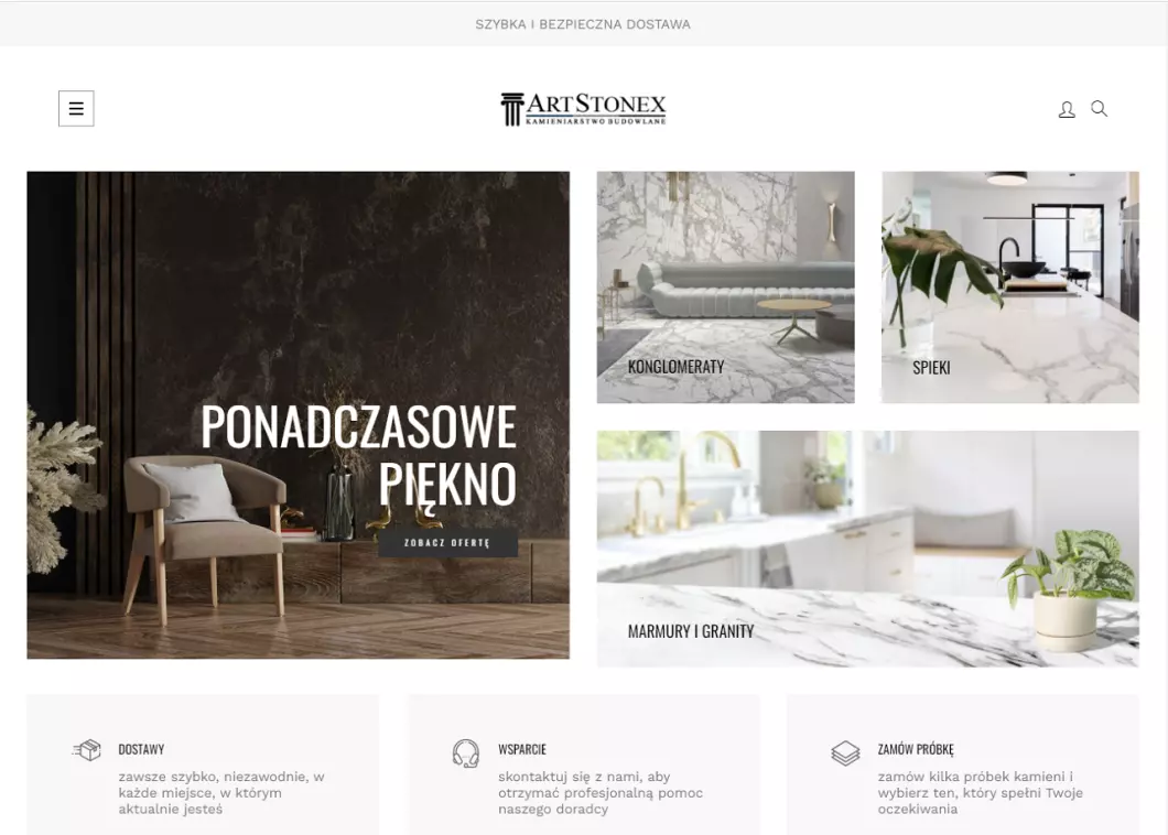 Zrzut ekranu strony internetowej firmy Kamień naturalny - Artstonex