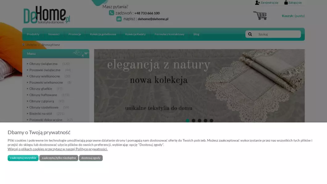 Zrzut ekranu strony internetowej firmy Tekstylia domowe DeHome