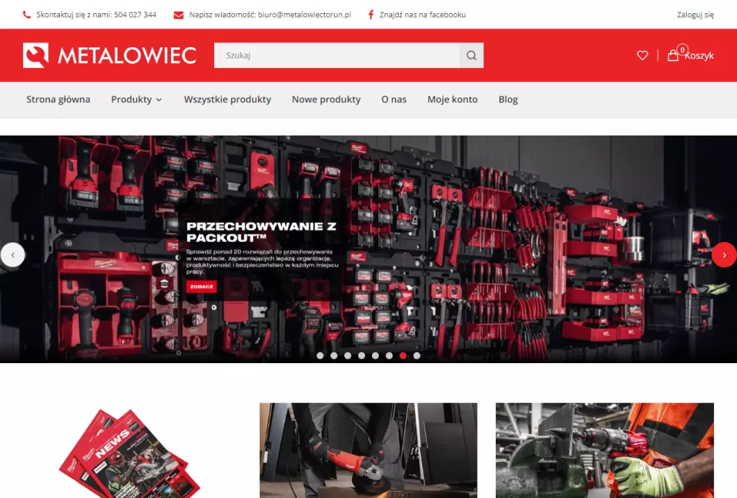 Zrzut ekranu strony internetowej firmy Sklep Metalowiec Toruń - dystrybutor narzędzi Milwaukee