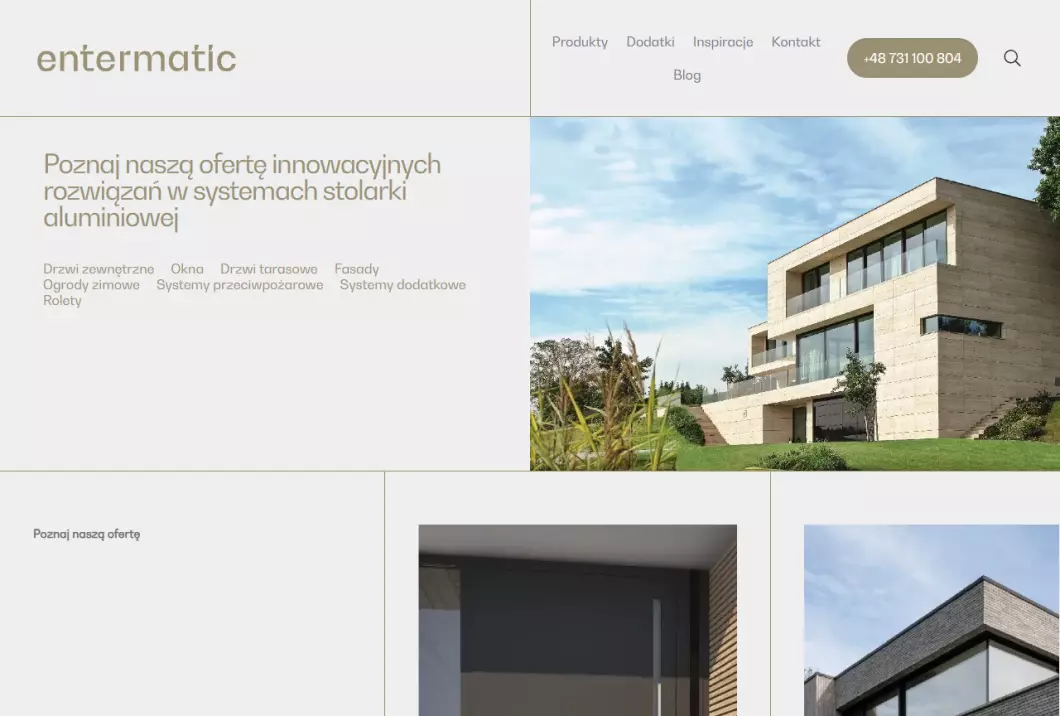 Zrzut ekranu strony internetowej firmy Entermatic - producent okien i drzwi zewnętrznych
