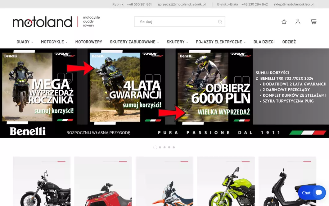 Zrzut ekranu strony internetowej firmy Internetowy sklep motocyklowy | MotoLand