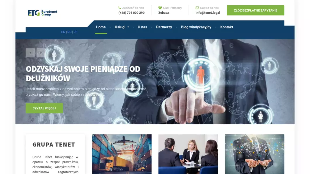 Zrzut ekranu strony internetowej firmy Firma windykacyjna EUROTENET GROUP Sp. z o. o