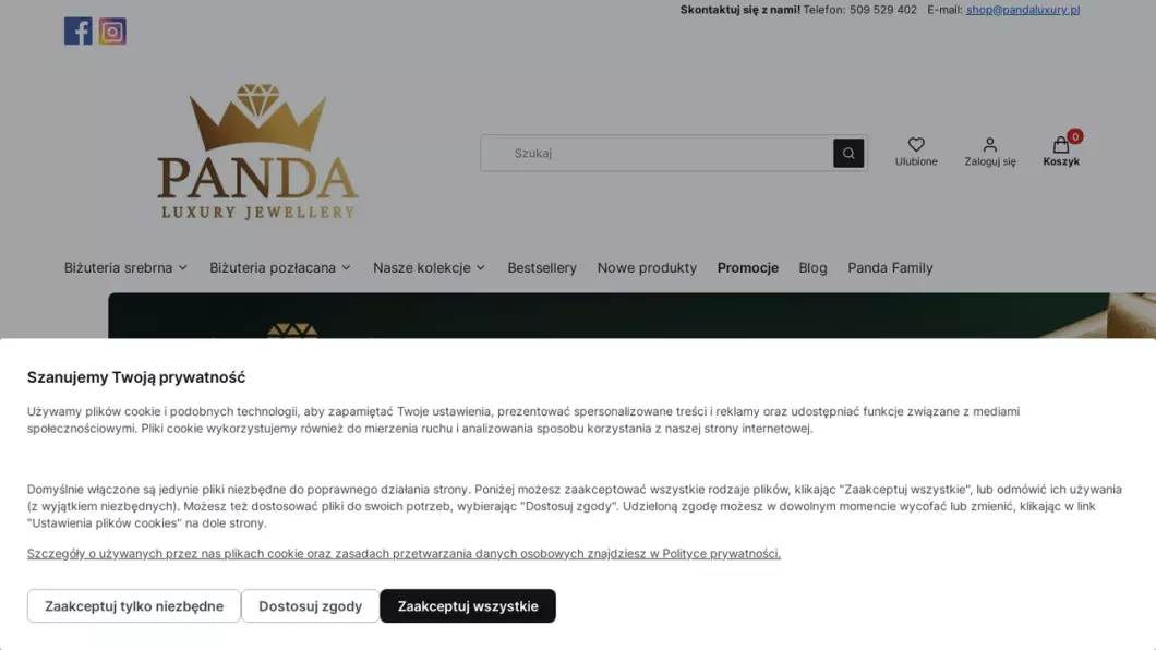 Zrzut ekranu strony internetowej firmy Biżuteria srebrna damska | Sklep internetowy Panda Luxury Jewellery