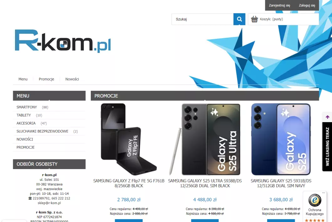 Zrzut ekranu strony internetowej firmy r-kom - smartfony, tablety i akcesoria