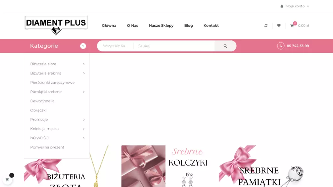 Zrzut ekranu strony internetowej firmy Sklep jubilerski Diament Plus