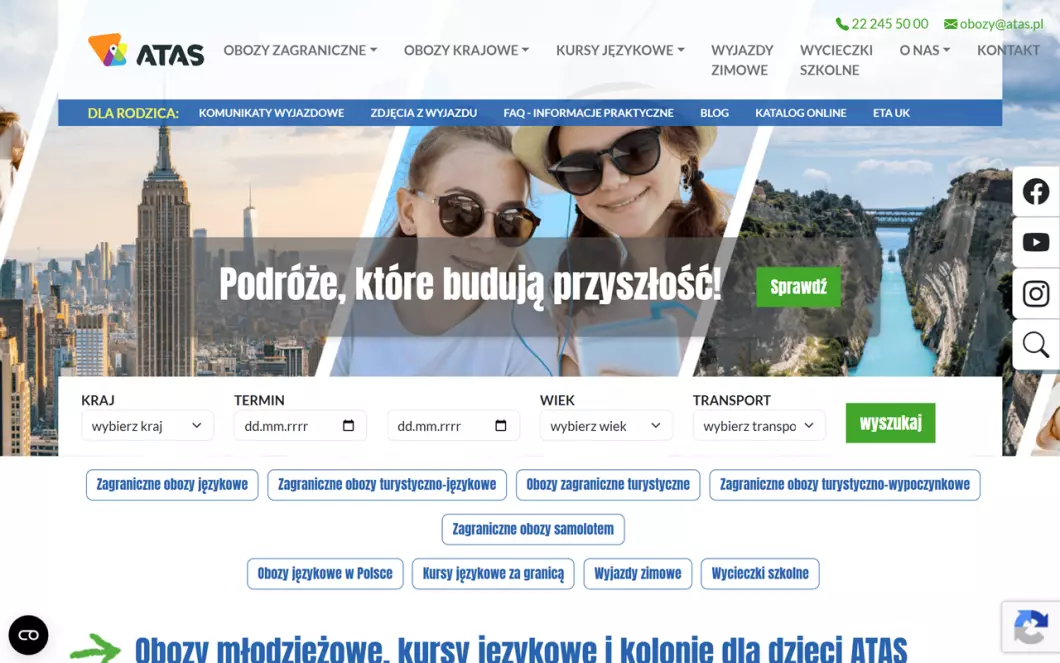 Zrzut ekranu strony internetowej firmy Obozy dla dzieci i młodzieży ATAS