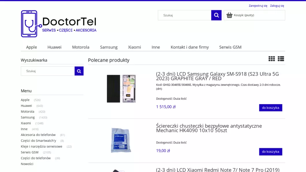 Zrzut ekranu strony internetowej firmy DoctorTel Sklep GSM