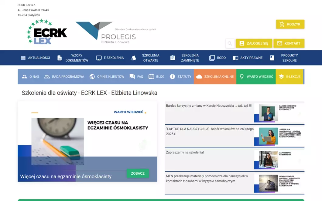 Zrzut ekranu strony internetowej firmy Szkolenia dla oświaty - ECRK LEX
